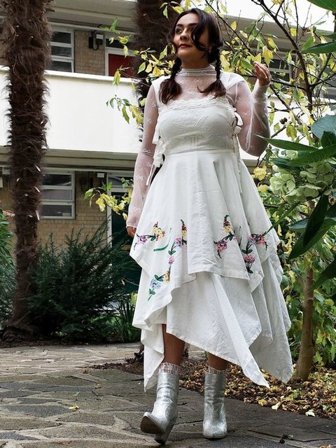 ASOS DESIGN square neck hanky hem midi dress with floral embroidery