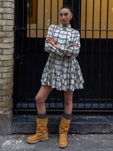 ASOS DESIGN mini shirt dress with nipped in waist and godets in washed gray and blue plaid