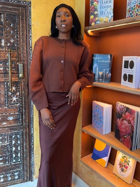 ASOS DESIGN structured shoulder pad waisted crew neck cardigan in chocolate