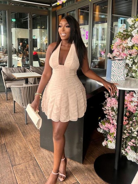 ASOS LUXE ruched halter mini dress in cream