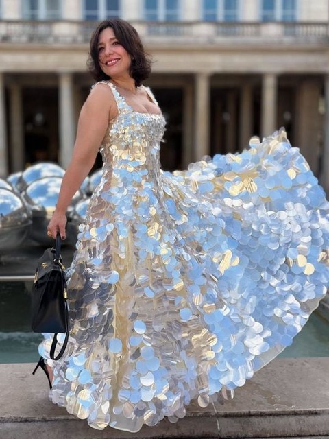 ARRANGE embellished disc sequin square neck full skirt midi dress in blue