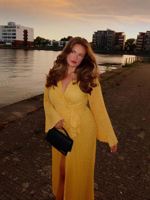 TFNC jacquard pleated wrap maxi dress in marigold