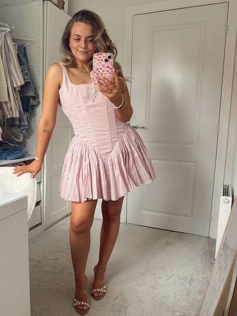 Lace & Beads Petite cotton drop waist corset mini dress in baby pink