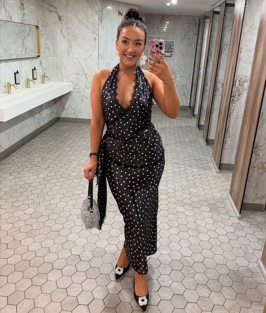 ASOS DESIGN printed satin draped maxi dress with lace detail in polka dot