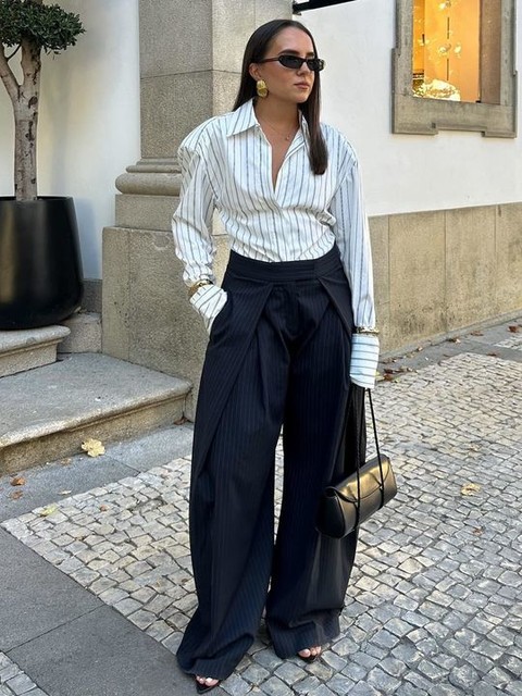 ASOS DESIGN cinch shoulder pad shirt with tie back in black pinstripe