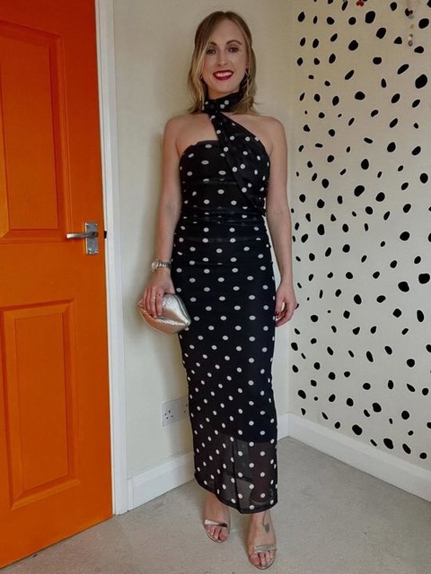ASOS DESIGN printed polka dot bandeau maxi dress with scarf detail in black