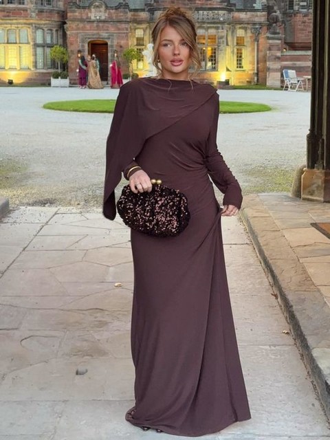 Daska slinky cape detail maxi dress in chocolate brown