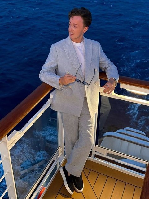 ASOS DESIGN linen mix slim suit jacket in blue pinstripes