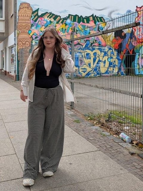 Gina Tricot supersoft jersey wide leg trousers with drawstring waist in black and white stripe
