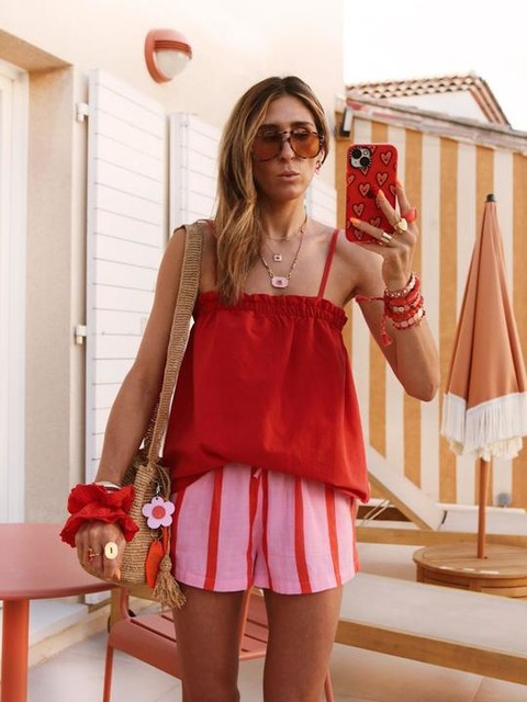 ASOS DESIGN linen blend trapeze cami top in red co ord