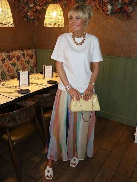 ARRANGE tiered maxi skirt with tie waist in blurred stripe