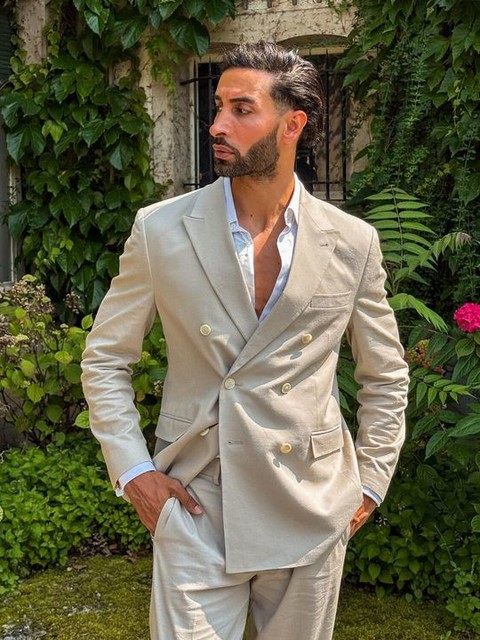 ASOS DESIGN double breasted regular linen blend suit jacket in natural beige