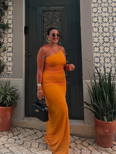 ASOS DESIGN asymmetric double strap with gold trim detail with ruching mesh maxi dress in orange