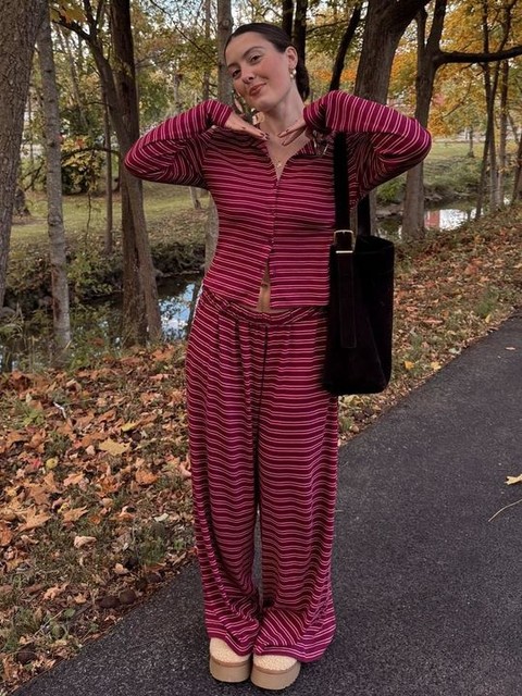 ASOS DESIGN wide leg pants in burgundy stripes