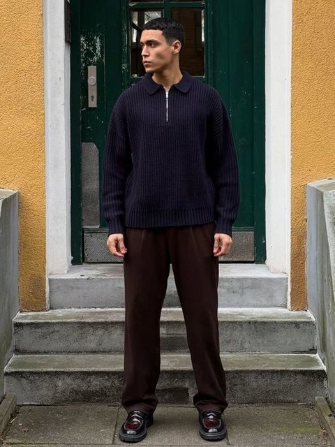 ASOS DESIGN oversized boxy fit heavyweight knit wool blend quarter zip sweater in navy