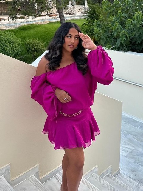 Aria Cove chiffon wide sleeve ruffle hem mini dress in purple