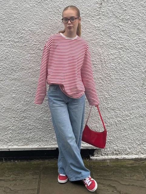 Pieces long sleeve super soft t-shirt in red stripe