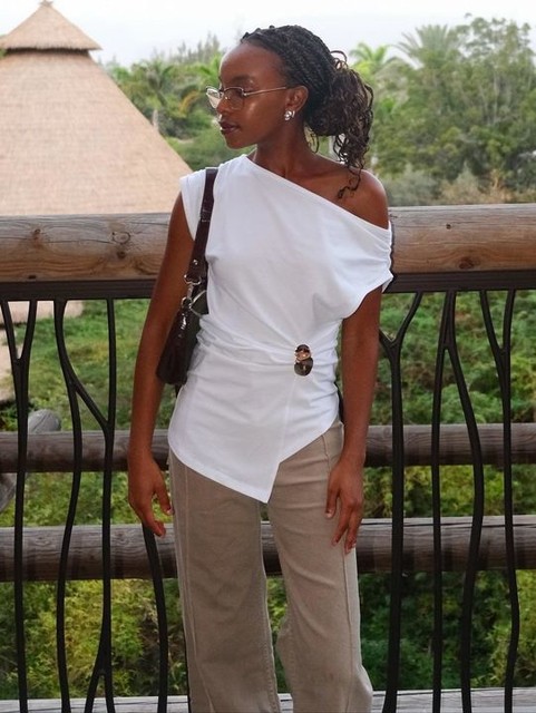 ASOS DESIGN off shoulder draped t-shirt with ruching and hardware detail in white