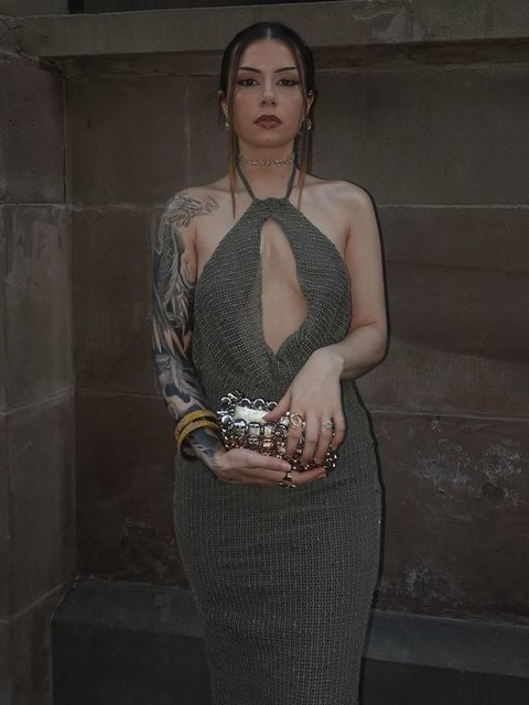 ASOS DESIGN crochet sequin halter maxi dress with cut out in khaki green