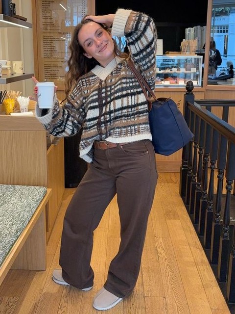 ASOS DESIGN brushed check high v jumper in mocha