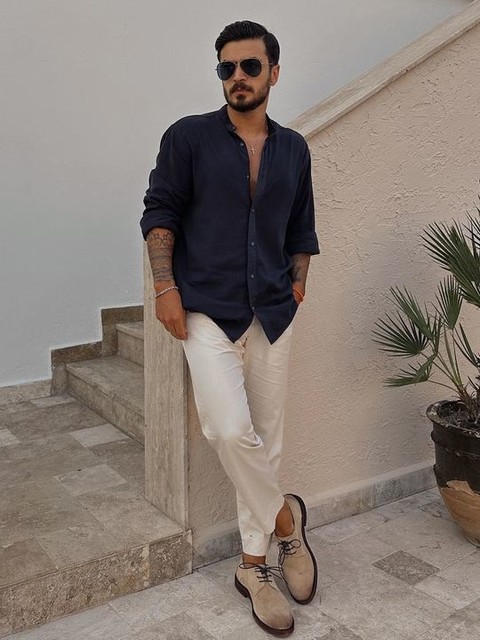 French Connection grandad collar shirt in navy