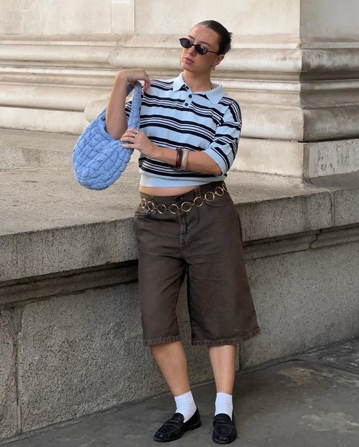 Bershka retro knit striped polo shirt in blue