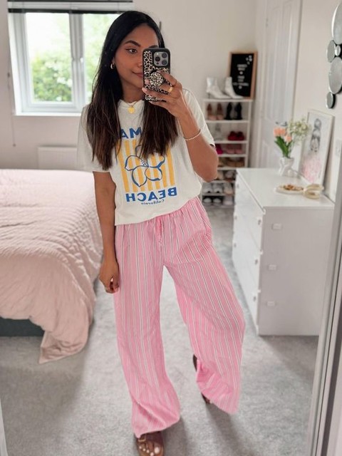 ASOS DESIGN wide leg cotton poplin pants in pink stripe