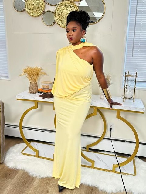 ASOS DESIGN one shoulder drape maxi dress with cape detail in buttermilk yellow