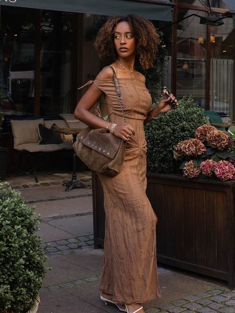 ASOS DESIGN textured distressed bardot midi dress with raw panels in chocolate