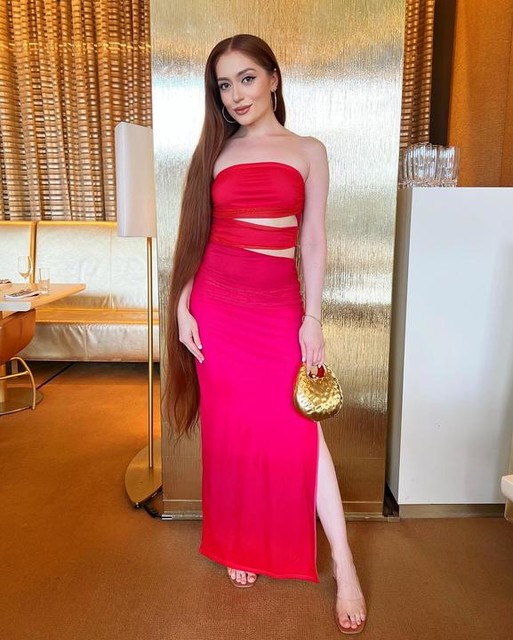 Kaiia exclusive double layered slinky mesh cut out bandeau maxi dress in pink and red ombre