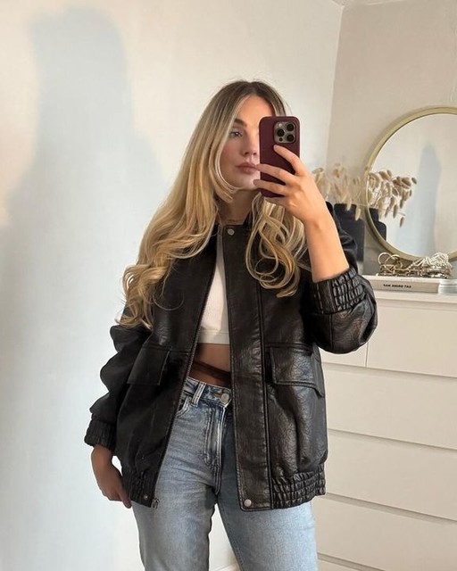 Topshop faux leather oversized bomber jacket in black