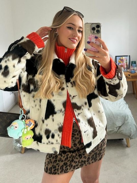Topshop faux fur western trucker jacket in cow print