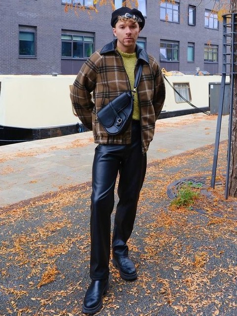 ASOS DESIGN formal bomber jacket with leather look collar in khaki check