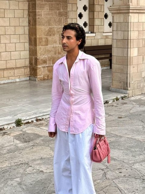 ASOS DESIGN cinch waist shirt with shoulder pads and tie in pink