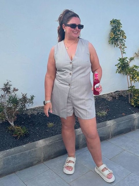 ASOS DESIGN v neck button through pinstripe playsuit in light sand