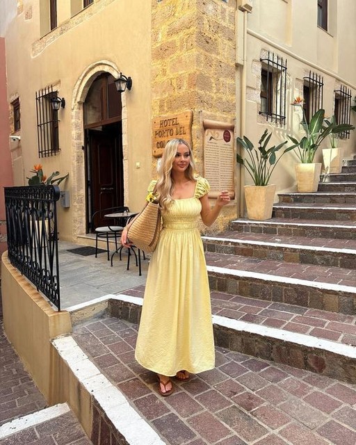 ASOS DESIGN square neck short sleeve midi dress with cinched channel waist in butter yellow