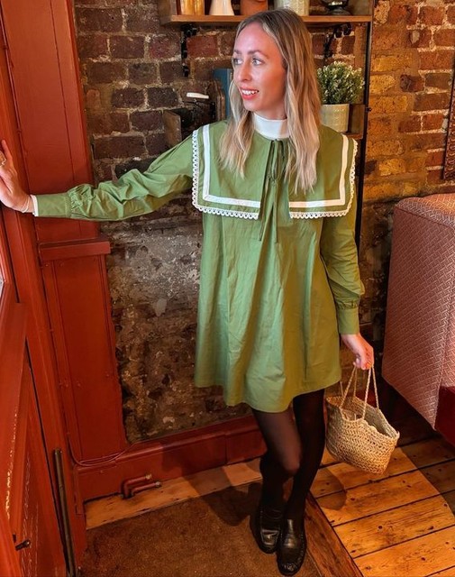 Glamorous square neck collar smock mini dress in deep olive and white