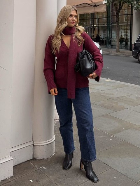 Pretty Lavish scarf knit cardigan in burgundy