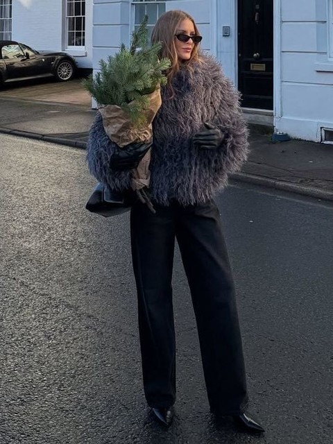 Topshop faux mongolian fur bomber coat in grey