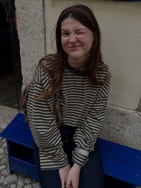 Lioness Bloom cotton blend long sleeve crew neck boxy t-shirt in beige & navy stripe  