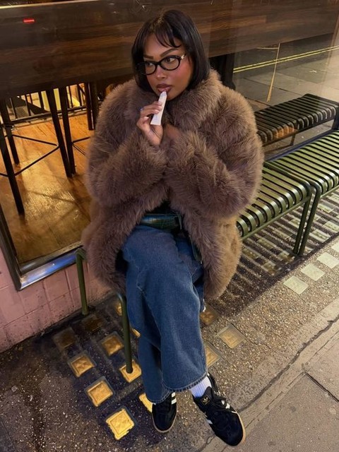 Topshop faux fur funnel neck mid-length coat in mink