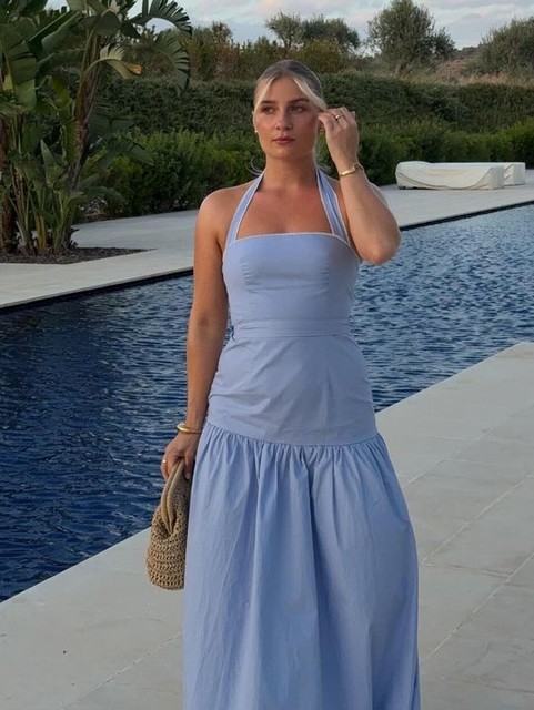 Kaiia exclusive poplin halterneck dropped waist tie detail maxi dress in soft blue
