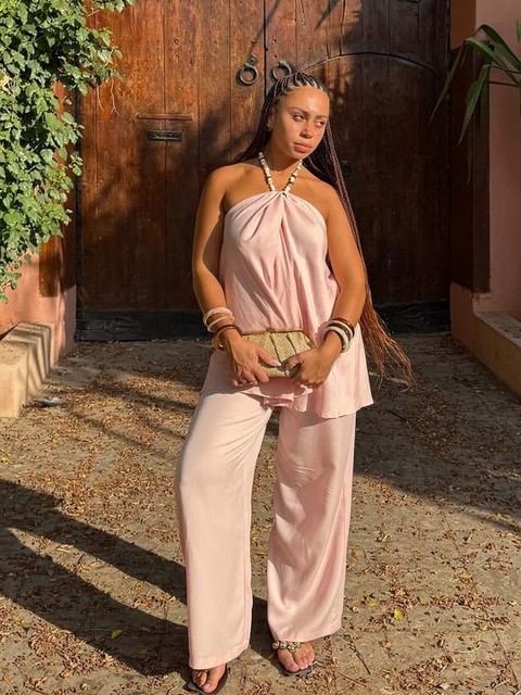 ASOS DESIGN beaded halter neck top in light pink - part of a set